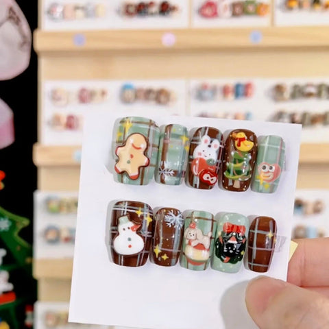 Hot SaleChristmas Nail Cute Gingerbread Man SeriesHandmade Artificial Gel Nail Press-On Nails
