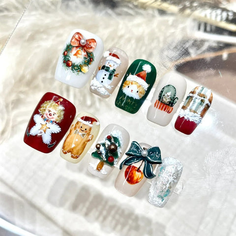 Painting Christmas Cute Gingerbread Man NailsCarefully designed pure handmade press-on gel nails