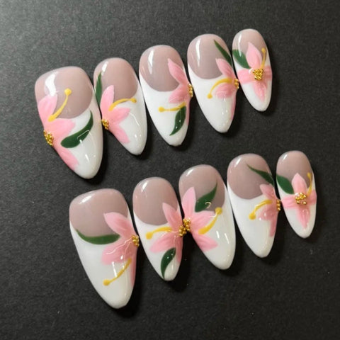 Pink French Almond Fake NailsCarefully designed pure handmade press-on gel nails