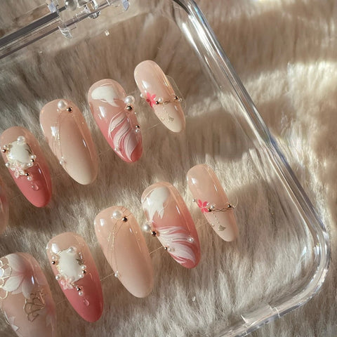 Pink Flowers and Goldfish Almond Nails Press On NailsCarefully designed pure handmade press-on gel nails