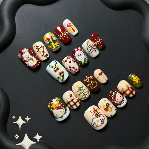 Kitty and Snowman Combination Two Piece Set Red Christmas Style NailCarefully designed pure handmade press-on gel nails
