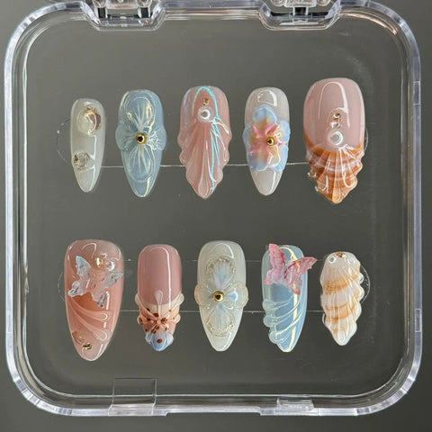 Hot SaleFresh summer short almond shell design handmade nails, press-on nailsHandmade Artificial Gel Nail Press-On Nails