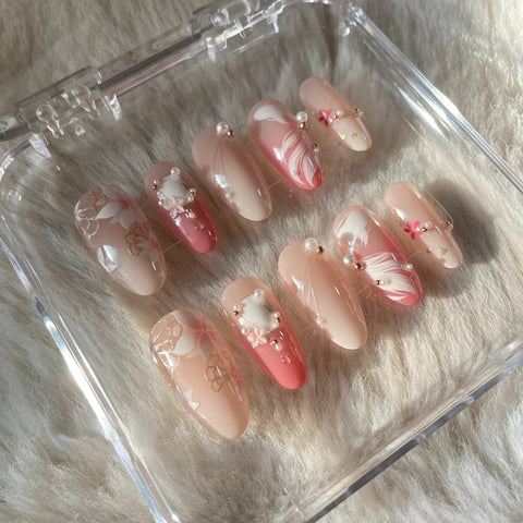 Pink Flowers and Goldfish Almond Nails Press On NailsCarefully designed pure handmade press-on gel nails
