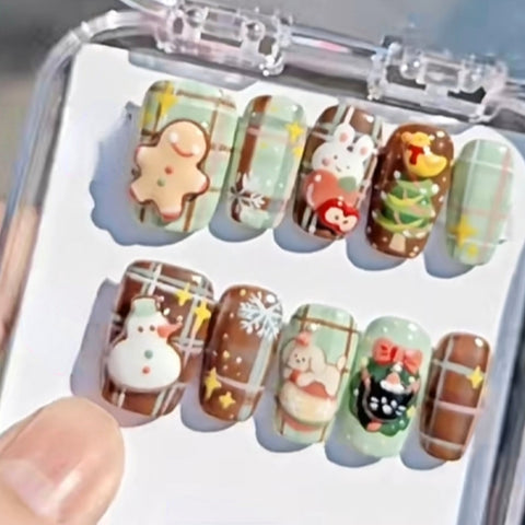 Hot SaleChristmas Nail Cute Gingerbread Man SeriesHandmade Artificial Gel Nail Press-On Nails