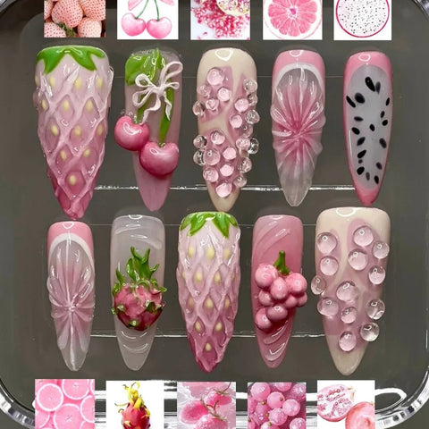 Pink FruitsCarefully designed pure handmade press-on gel nails
