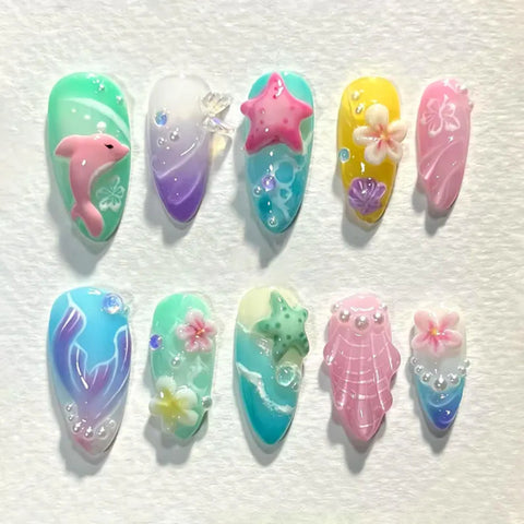 3D Whale Starfish NailCarefully designed pure handmade press-on gel nails