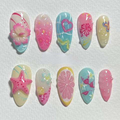 3D Beach Summer NailCarefully designed pure handmade press-on gel nails