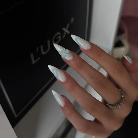 Blue Flower French NailCarefully designed pure handmade press-on gel nails