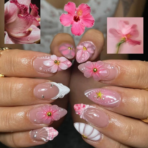 Hot SaleFrench Painting Pink Almond NailsHandmade Artificial Gel Nail Press-On Nails