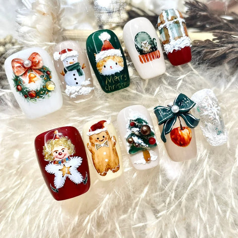 Painting Christmas Cute Gingerbread Man NailsCarefully designed pure handmade press-on gel nails