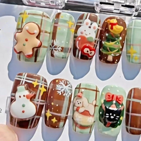 Hot SaleChristmas Nail Cute Gingerbread Man SeriesHandmade Artificial Gel Nail Press-On Nails