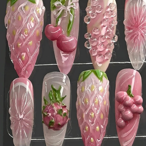 Pink FruitsCarefully designed pure handmade press-on gel nails