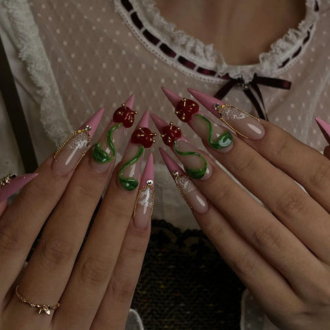 Hot SaleFrench Red Cherry NailsHandmade Artificial Gel Nail Press-On Nails