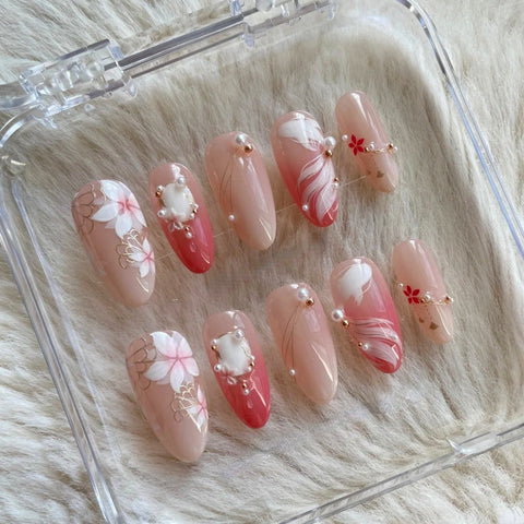 Pink Flowers and Goldfish Almond Nails Press On NailsCarefully designed pure handmade press-on gel nails