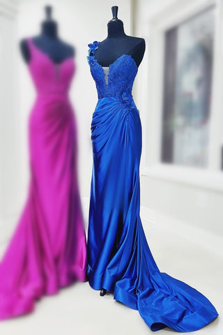 One-Shoulder 3D Floral Lace Pleated Long Gown with Slit