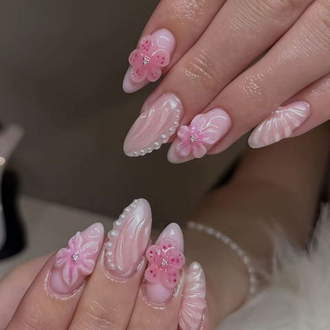 Pearl and 3D Pink Flower Fashion NailCarefully designed pure handmade press-on gel nails