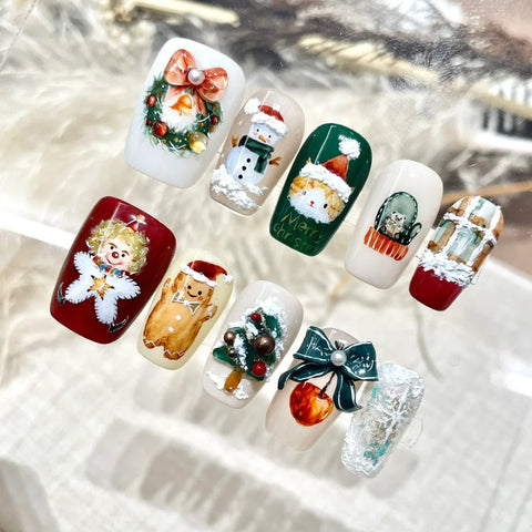 Painting Christmas Cute Gingerbread Man NailsCarefully designed pure handmade press-on gel nails