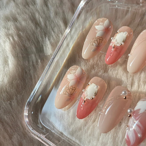 Pink Flowers and Goldfish Almond Nails Press On NailsCarefully designed pure handmade press-on gel nails