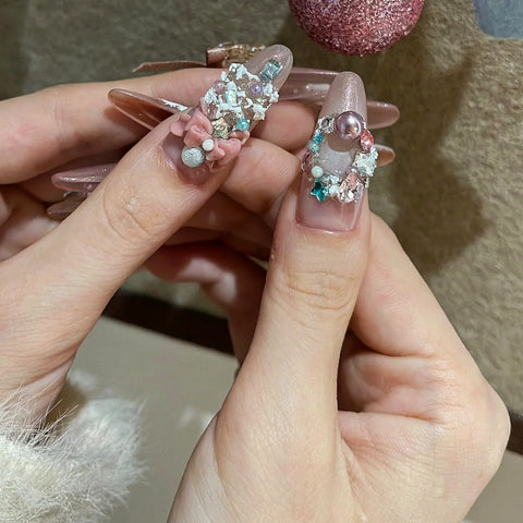 Pink Long Oval Press On Nails 10Pcs Christmas NailsCarefully designed pure handmade press-on gel nails