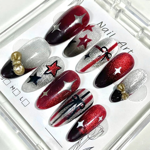 NewChristmas Minimalist Red Cat Eye NailsCarefully designed pure handmade press-on gel nails