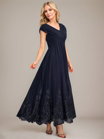 A-line V-Neck Ankle-Length Chiffon Mother of the Bride Dress With Applique Sequins