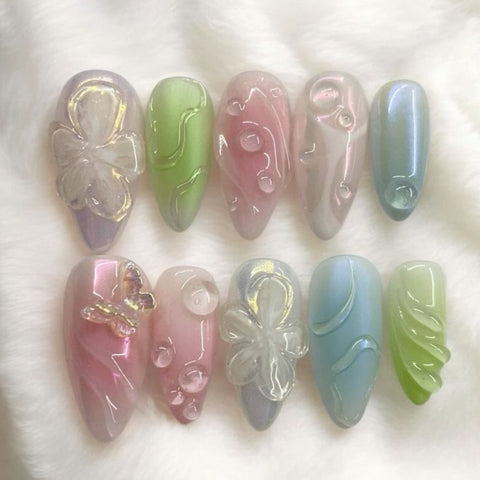 Blue Pink Flower Almond NailCarefully designed pure handmade press-on gel nails