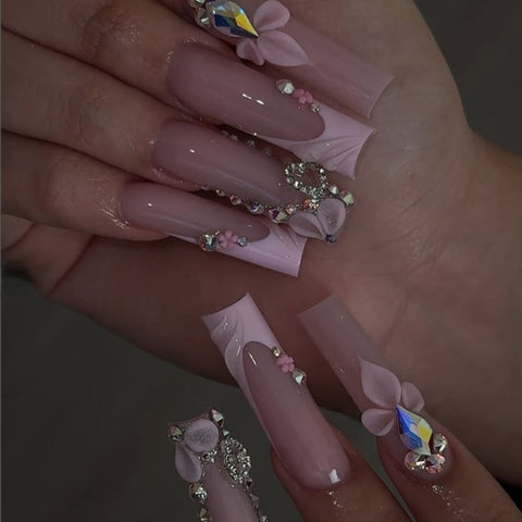 Pink Diamond French Square Tube NailCarefully designed pure handmade press-on gel nails