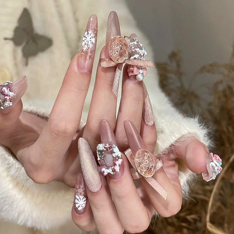 Pink Long Oval Press On Nails 10Pcs Christmas NailsCarefully designed pure handmade press-on gel nails