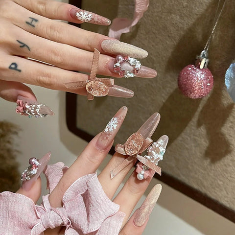 Pink Long Oval Press On Nails 10Pcs Christmas NailsCarefully designed pure handmade press-on gel nails