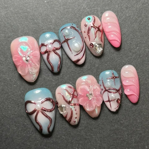 Bow & Floral NailsCarefully designed pure handmade press-on gel nails
