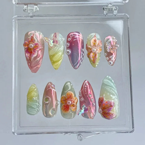 MXYIYANR Press On Nails 3D Butterfly & Flower Medium AlmondCarefully designed pure handmade press-on gel nails