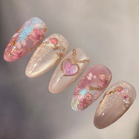 Pink Cherry Blossom NailsCarefully designed pure handmade press-on gel nails