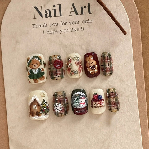 Little Bear Christmas Style NailCarefully designed pure handmade press-on gel nails
