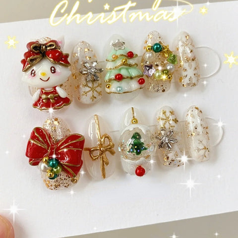 3D Red Bow Christmas NailsCarefully designed pure handmade press-on gel nails