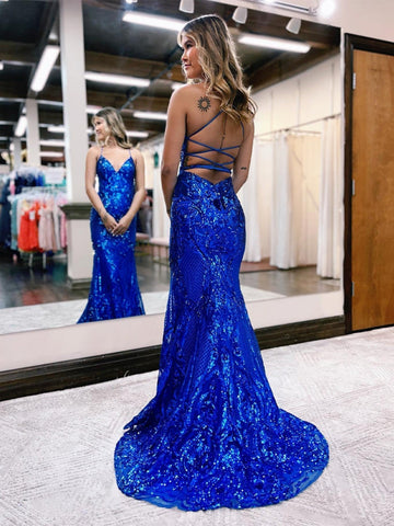 V Neck Pink Glitter Backless Mermaid Bodycon Long Prom Dress