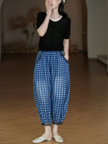 Women Retro Plaid Embroidery Spliced Lacework Harem Pants