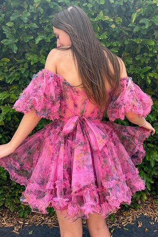 Cute A Line Off the Shoulder Ivory Printed Short Homecoming Dress