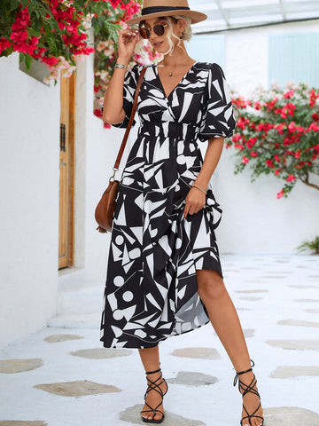 Bedrucktes Kleid mit Überwurf und Ballonärmeln