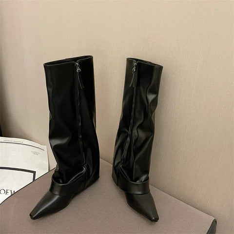 Designer Spring Women Pipe Boots Fashion Side Zippers Ladies Elegant Thick Heel Long Booties Women's Knee High Booties
