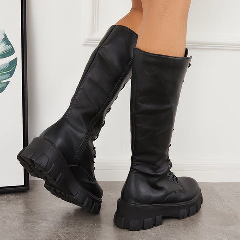 Lace Up Platform Heel Knee High Boots Lug Sole Combat Boots