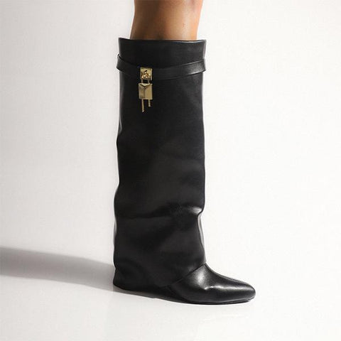 Women Pointed Toe Fold Over Wedge Heel Knee High Boots