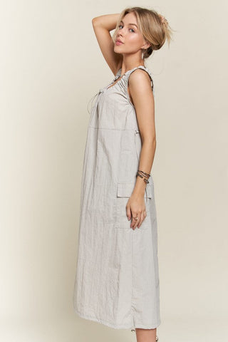 Beige Grey Drawstring Slit Back Cargo Midi Dress