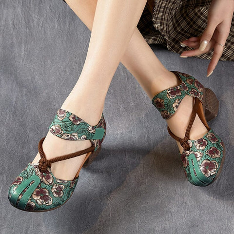 Summer Retro Figured Leather Low Heel Sandals