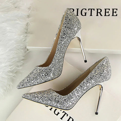 2024 summer new European style women's shoes high heels shallow mouth pointy glitter sexy slim nightclub high heels single shoes