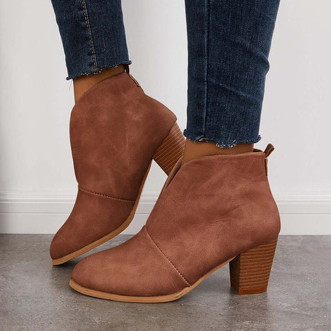 Retro Western V Cut Ankle Boots Slip On Chunky Stacked Heel Booties