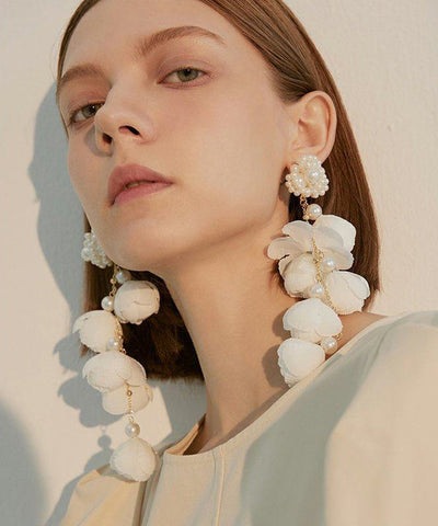 Women Purple Flower Tasseled Pearl Drop Earrings