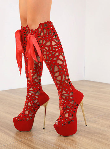 Womens Heels Knee High Boots Peep Toe Red High Heels