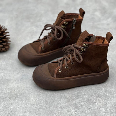 Damen Herbst Retro Leder Flache Stiefeletten