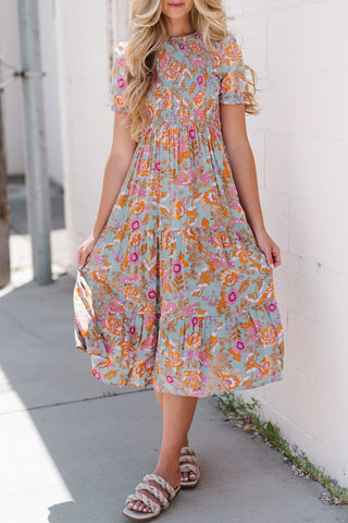 Midikleid mit Blumenmuster, Volantärmeln und Rundhalsausschnitt