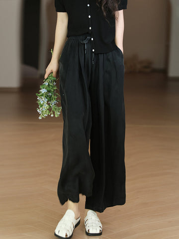 Women Solid Pleat Drawstring Pocket Loose Straight-leg Pants